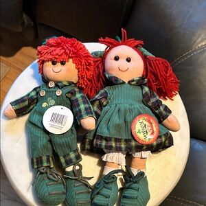 Red-Haired Rag Doll Pair in Green Outfits - Plush Kids Stuffed Animals